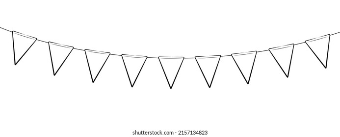 bunting garland, string of triangular flags for outdoor party, black line simple decorative illustration, pennant, summer decoration, retro style, festive decorations