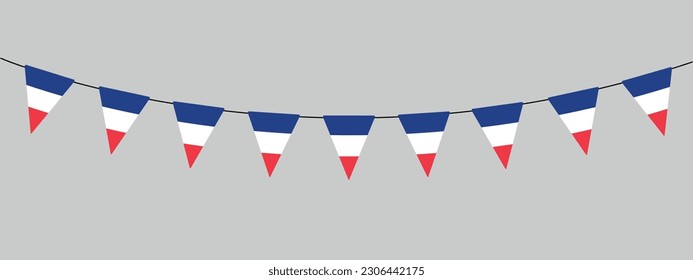 bunting garland, string of triangular flags for outdoor party, bastille day, France, French National Celebration, retro style vector decorative element