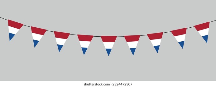 bunting garland, string of triangular flags for outdoor party, Netherlands, Dutch National holiday, retro style vector decorative element