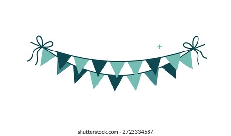 Bunting Girlande mit dreieckigen Fahnen in Schattierungen von dunklen und hellen Teal hängt über den Rahmen für eine festliche Party Dekoration.