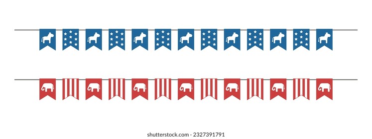 Bunting garlands with elephants, donkeys and USA flags. Isolated vector illustration on white background.