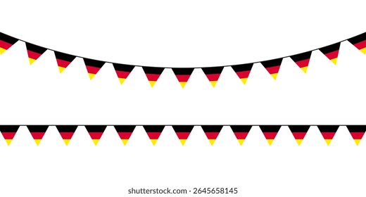 Bunting garlands in German flag colors—black, red, and yellow—hanging in festive rows on a clean white background. Perfect for national celebrations.
