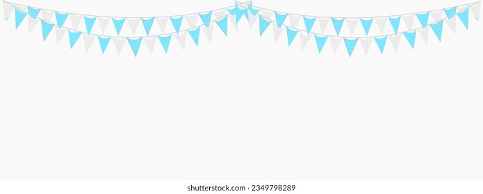 Bunting Hanging Blue and White Flag Triangles Banner Background. Bunting flags for boy's baby shower. It's a boy, sky, mother, father, party, winter, Argentina, Israel, Honduras, Oktoberfest concept.