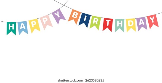 Bunting, hanging flags with text Happy Birthday, festive decorations, garland, isolated vector illustration. Holiday celebration, festival, carnival, party, anniversary design element
