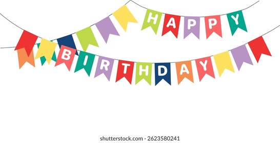Bunting, bandeiras penduradas com texto Feliz aniversário, decorações festivas, grinalda, ilustração vetorial isolada. Celebração de férias, festival, carnaval, festa, elemento de design de aniversário