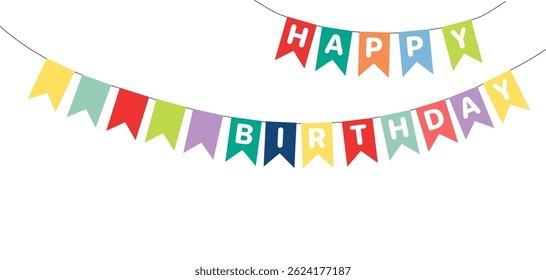 Bunting, hanging flags with text Happy Birthday, festive decorations, garland, isolated vector illustration. Holiday celebration, festival, carnival, party, anniversary design element