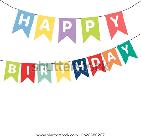 Bunting, hanging flags with text Happy Birthday, festive decorations, garland, isolated vector illustration. Holiday celebration, festival, carnival, party, anniversary design element