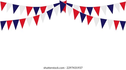 Bunting Hanging Red White Blue Flags Triangles Banner Background. United State of America, France, Thailand, New Zealand, Netherland, British, Great Britain.