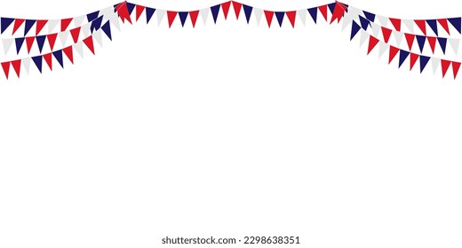 Bunting Hanging Red White Blue Flags Triangles Garland Banner Background. United State of America, France, Thailand, New Zealand, Netherlands, British, Great Britain, USA