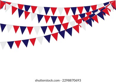 Bunting Hanging Red White Blue Flags Triangles Garland Banner Background. United State of America, France, Thailand, New Zealand, Netherlands, British, Great Britain, USA
