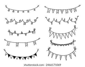 Bunting happy birthday celebration doodle decoration with flags anniversary party.