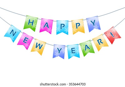 bunting with Happy New Year words and snowflakes on white. vector