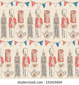 Bunting and London icons seamless pattern