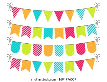 Bunting for party, birthday, carnival and event. Bright banners and flags of decoration. Hanging string, triangles, garland for fun. Blue, green, pink, orange colors. Celebration anniversary. Vector.