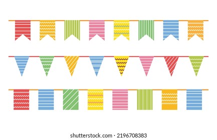 Bunting for party, birthday, carnival and event. Bright banners and flags of decoration. Hanging string, triangles, garland for fun. Vector