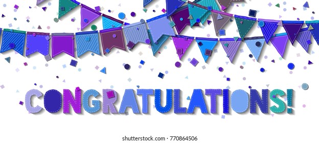 Bunting party flags. Delicate celebration card. Blue and purple holiday decorations and confetti. Bunting party flags vector illustration.