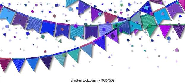 Bunting party flags. Delightful celebration card. Blue and purple holiday decorations and confetti. Bunting party flags vector illustration.