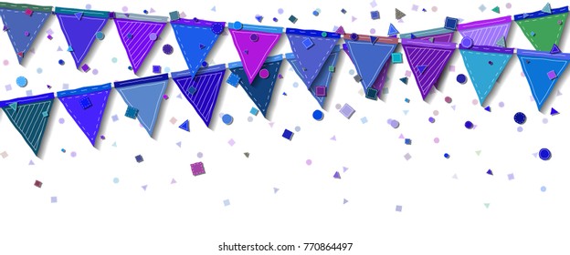 Bunting party flags. Exotic celebration card. Blue and purple holiday decorations and confetti. Bunting party flags vector illustration.