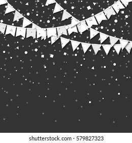 Bunting party. Gorgeous celebration card with white stitched cutout paper bunting party and confetti on dark background. Party background with paper decorations. Vector illustration.