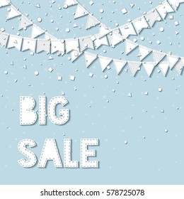 Bunting party. Graceful celebration card with white stitched cutout paper bunting party and confetti on blue background. Party background with paper decorations. Vector illustration.