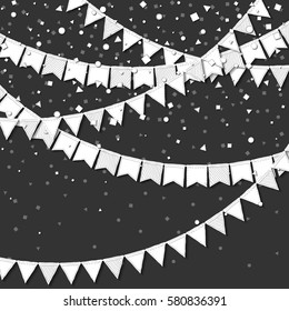 Bunting party. Marvelous celebration card with white stitched cutout paper bunting party and confetti on dark background. Party background with paper decorations. Vector illustration.