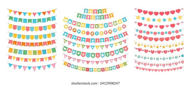 Bunting pennant and flag. Multicolored fabric bright triangles hang on birthday party. Festive handmade paper garlands string up and adorn for graduation. Vector set. Festive event or holiday