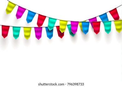 Bunting realistic vector 3d celebration festive decoration. Birthday party colorful mesh flag hanging garland white background. Holiday anniversary festival pennant illustration Invitation card design