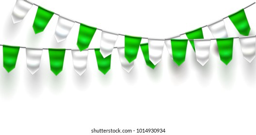 Bunting realistic vector 3d St Patrick day color green white celebration festive decoration. Birthday party flag hanging garland background Holiday festival pennant illustration Invitation card design