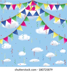 Bunting,  serpentine and confetti in sky with clouds