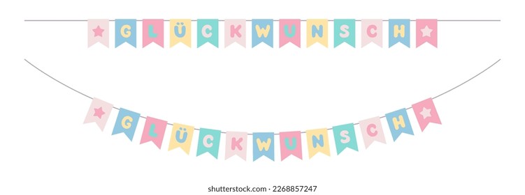 Bunting set. Congrats garland with inscription in German "glückwunsch" means "congratulation".  Bright colorful flags on rope. Isolated vector illustration on white background.
