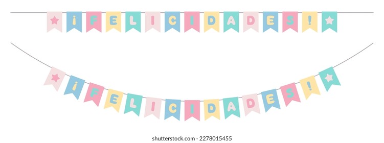 Bunting set. Congrats garland with inscription in Spanish "felicidades" means "congratulations". Bright colorful flags on rope. Isolated vector illustration on white background.