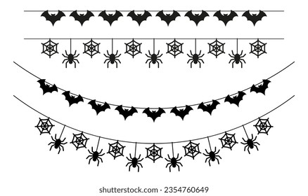 Bunting set for Halloween. Garlands with bats, spiders and web.