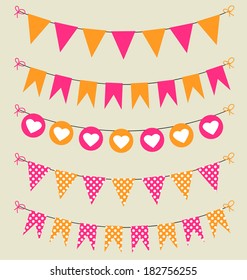 Bunting set pink and orange for scrapbook with hearts and polka dots