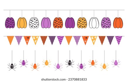 Juego de bolas con calabaza, banderas, arañas. Halloween son guirnaldas sin costura. Elementos de diseño para banner, afiche, publicidad, scrapbooking. Ilustración vectorial sobre fondo blanco. 