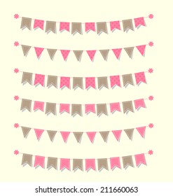 Bunting set retro pink and brown colors for scrapbook, web design, greeting cards or flyers decoration