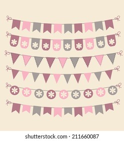 Bunting set retro pink and grey colors for scrapbook, web design, greeting cards or flyers decoration