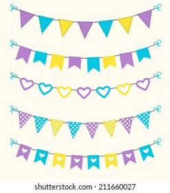 Bunting set retro purple, blue, yellow bright colors for scrapbook, web design, greeting cards or flyers decoration