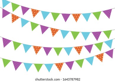 Buntings flags garlands on white background for birthday celebration, festival and fair decoration