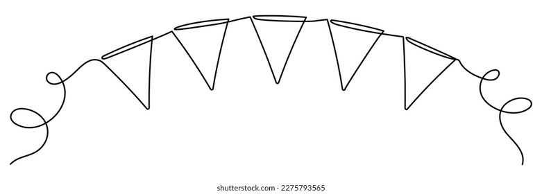 Buntings garland continuous line art drawn. Vector linear illustration isolated on white.	