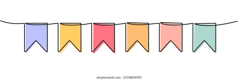 Buntings garland continuous line drawing. Party symbol. Vector illustration isolated on white.
