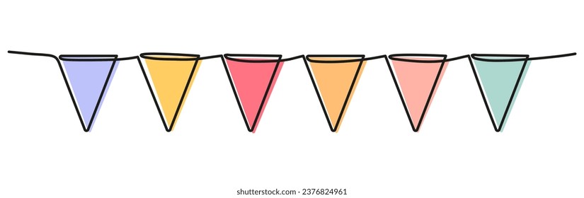 Buntings garland continuous line drawing. Party symbol. Vector illustration isolated on white.