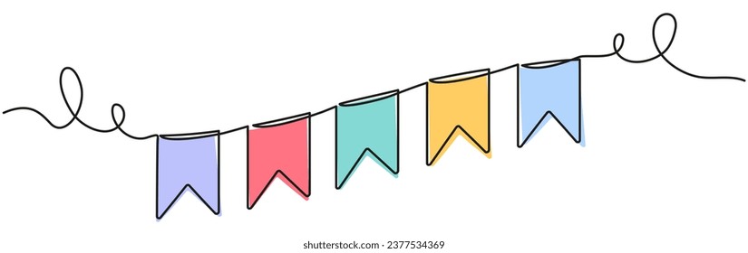 Buntings garland continuous line drawing. Party symbol. Vector illustration isolated on white.