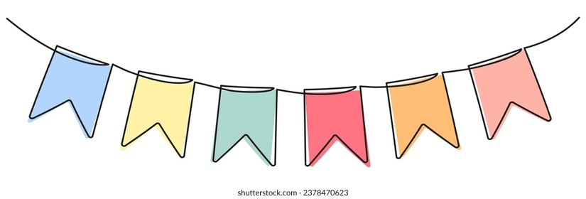Buntings garland continuous line drawing. Party symbol. Vector illustration isolated on white.