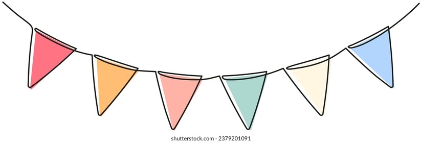 Buntings garland continuous line drawing. Party symbol. Vector illustration isolated on white.