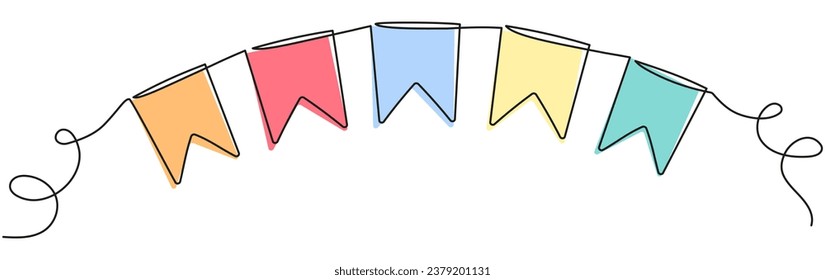 Buntings garland continuous line drawing. Party symbol. Vector illustration isolated on white.