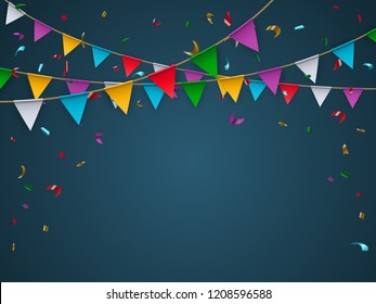 Buntings garland with realistic flag. 

holiday background  with confetti. Palce for text.