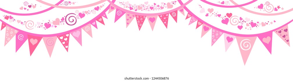 Buntings garland with realistic flag. Holiday background with confetti and heart. Palce for text. Design for poster, invitation, card, banner, flyer.  Design for wedding. February 14. Vector 