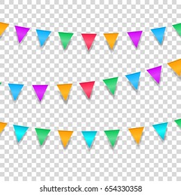 Buntings garlands isolated on transparent. Colorful buntings decorations for holiday events