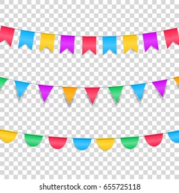 Buntings garlands isolated on transparent. Colorful buntings decorations for holiday events