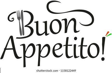 Buon Appetito Italian vector logo with wave, fork and knife